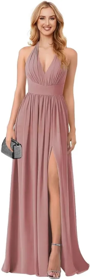 V Neck Bridesmaid Dresses Wedding Plunge Neck Sexy Formal Dress Backless Ruched Chiffon A Line Slit Evening Gown