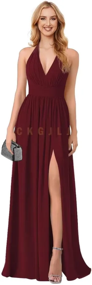 V Neck Bridesmaid Dresses Wedding Plunge Neck Sexy Formal Dress Backless Ruched Chiffon A Line Slit Evening Gown