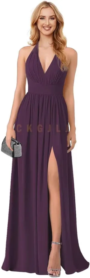V Neck Bridesmaid Dresses Wedding Plunge Neck Sexy Formal Dress Backless Ruched Chiffon A Line Slit Evening Gown