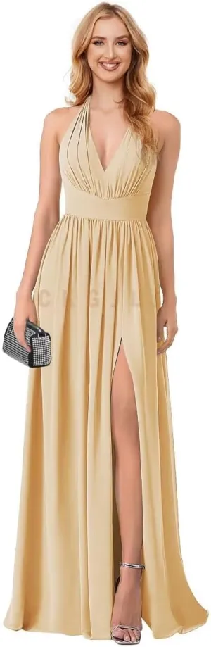 V Neck Bridesmaid Dresses Wedding Plunge Neck Sexy Formal Dress Backless Ruched Chiffon A Line Slit Evening Gown