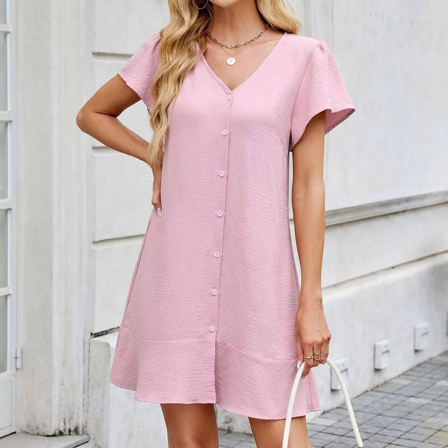 V Neck Button Down Tie Waist Dress for Women with Ruffle Hem Casual Summer Mini Dress
