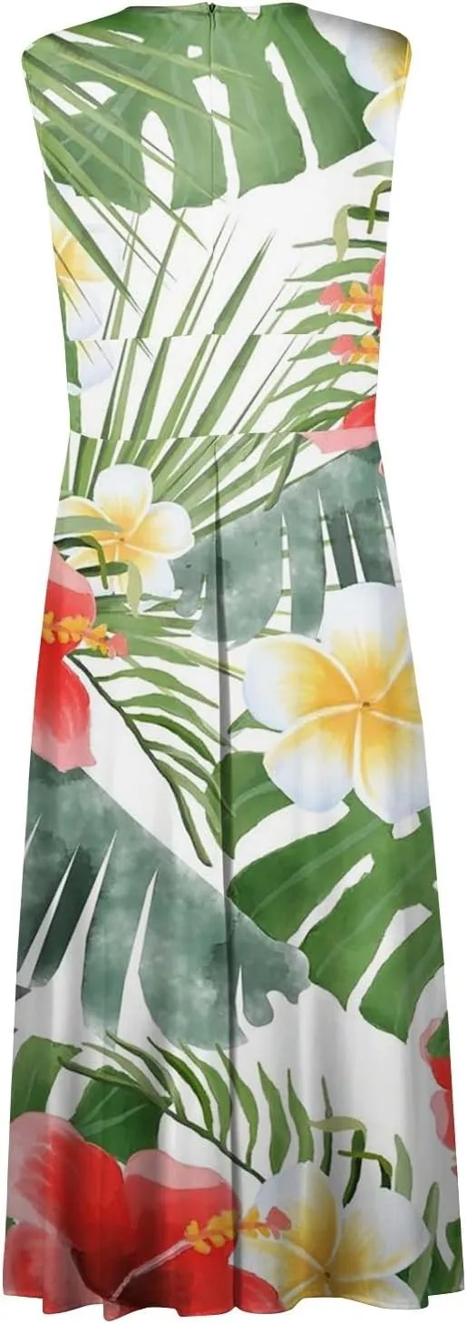 Vacation Dresses for Women Deep V Neck Floral Cute Long Dress Swing Casual Maxi Dresses Sleeveless Sexy Elegant Dress