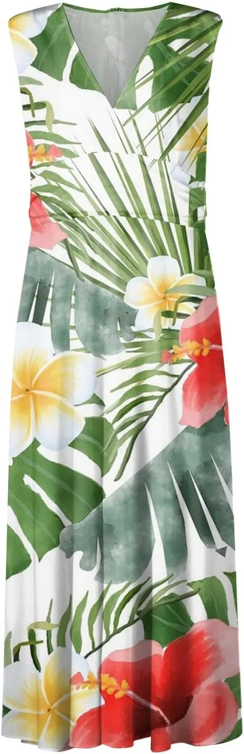 Vacation Dresses for Women Deep V Neck Floral Cute Long Dress Swing Casual Maxi Dresses Sleeveless Sexy Elegant Dress