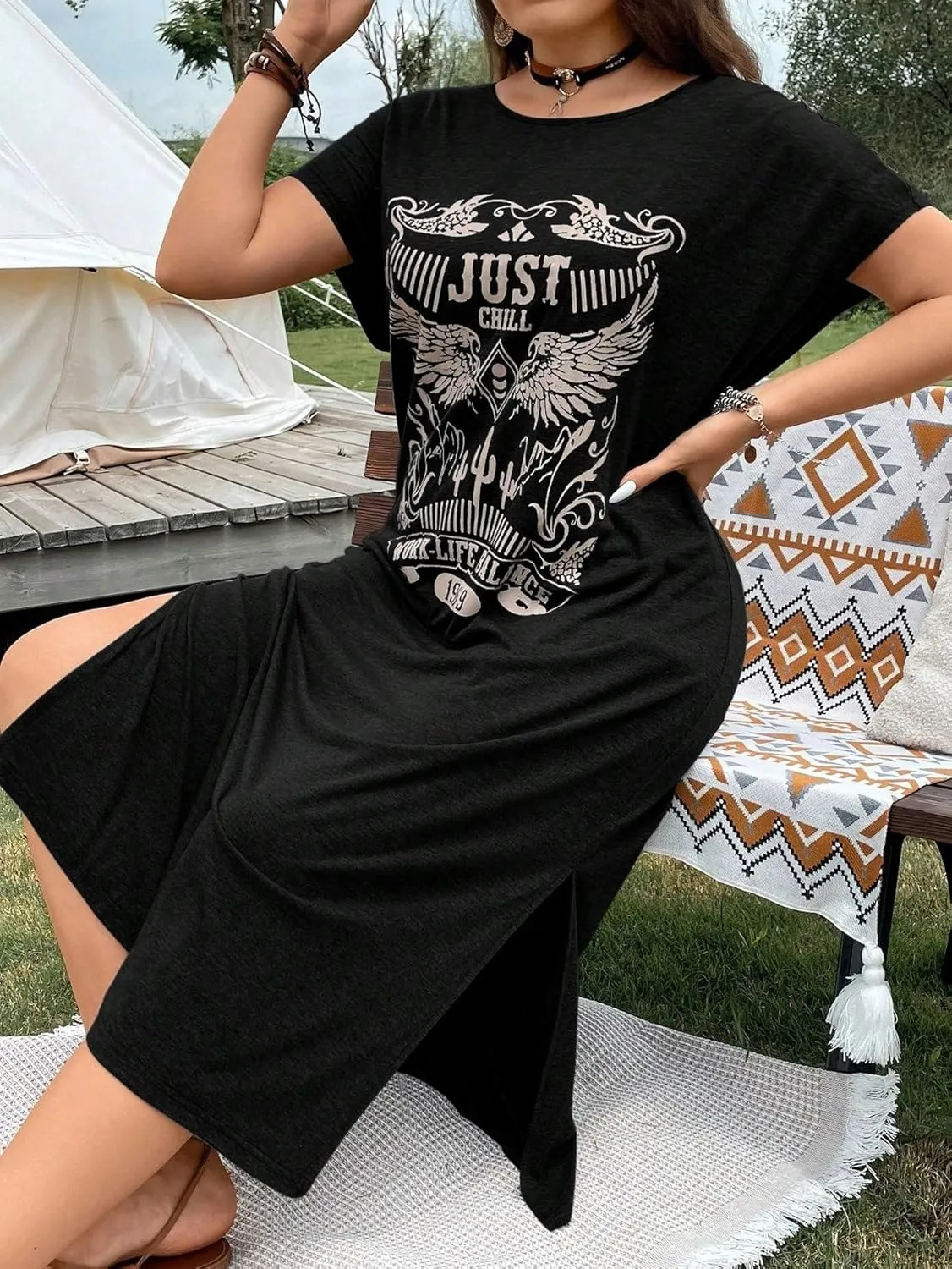 Verdusa Women's Plus Size Nashville Outfits Graphic Country Music T Shirt Dress Cowgirl Tunic Dresses Black