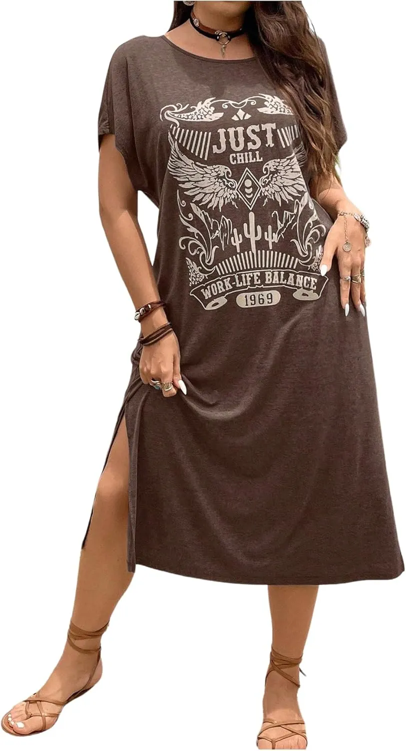 Verdusa Women's Plus Size Nashville Outfits Graphic Country Music T Shirt Dress Cowgirl Tunic Dresses Black