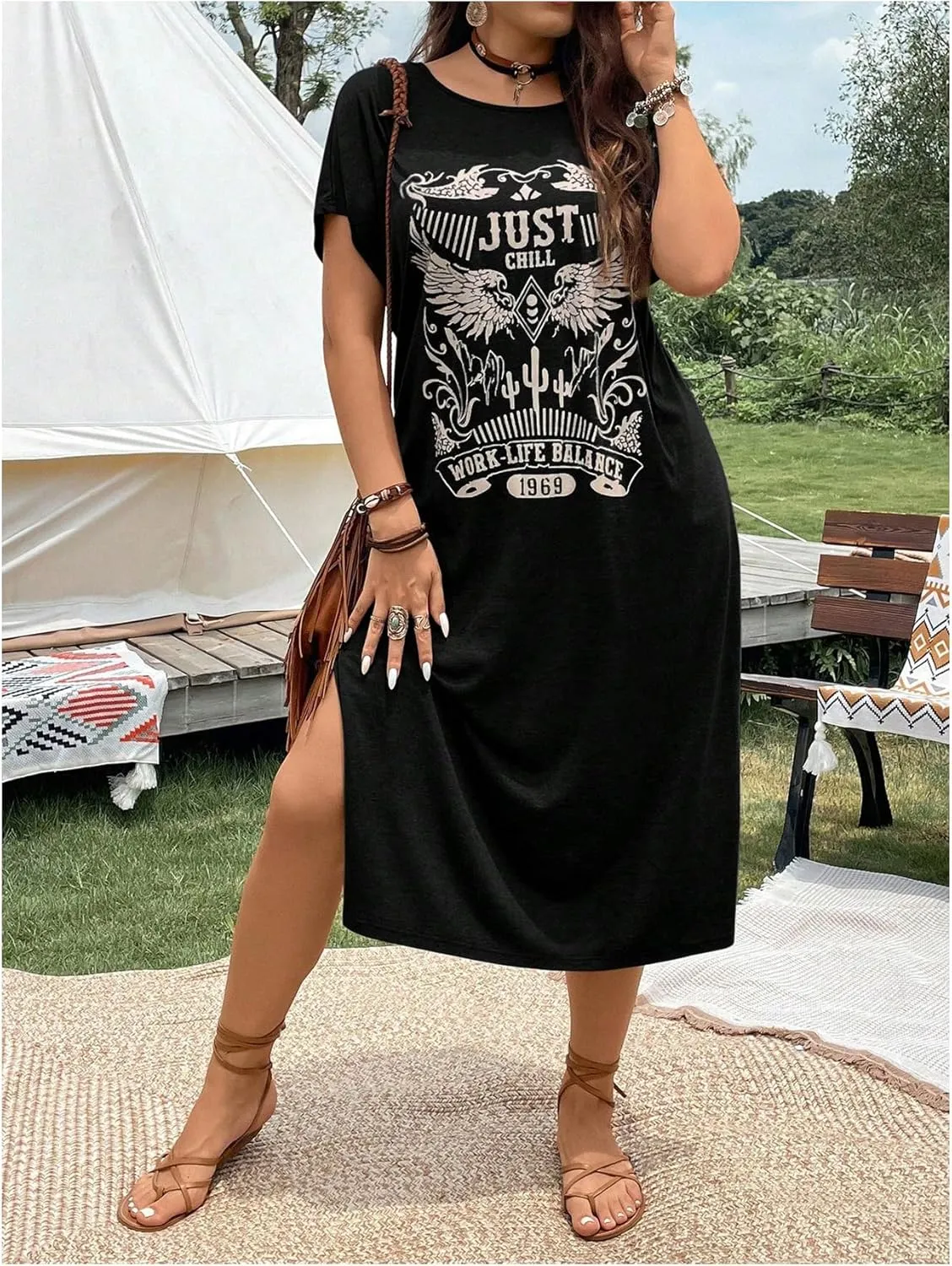 Verdusa Women's Plus Size Nashville Outfits Graphic Country Music T Shirt Dress Cowgirl Tunic Dresses Black