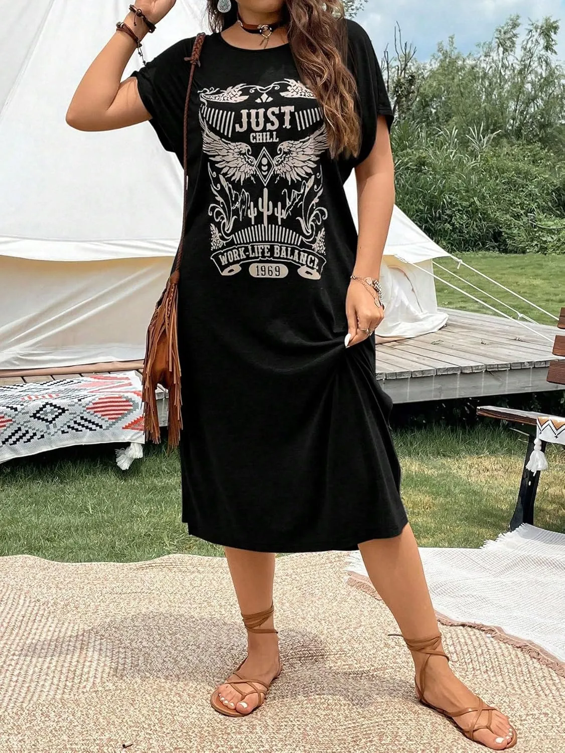 Verdusa Women's Plus Size Nashville Outfits Graphic Country Music T Shirt Dress Cowgirl Tunic Dresses Black