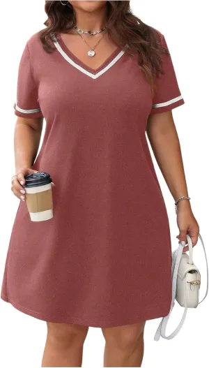 Verdusa Women's Plus Size V Neck Short T Shirt Dress Short Sleeve Tunic Dresses