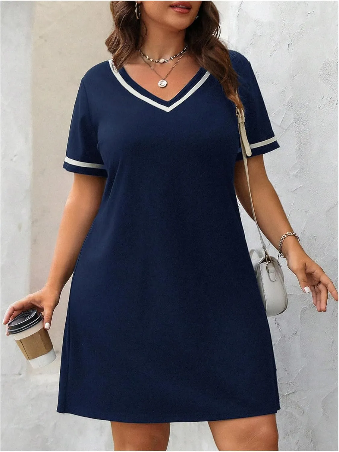 Verdusa Women's Plus Size V Neck Short T Shirt Dress Short Sleeve Tunic Dresses