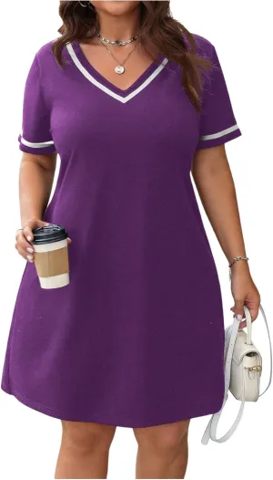 Verdusa Women's Plus Size V Neck Short T Shirt Dress Short Sleeve Tunic Dresses