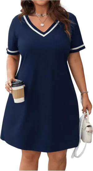 Verdusa Women's Plus Size V Neck Short T Shirt Dress Short Sleeve Tunic Dresses