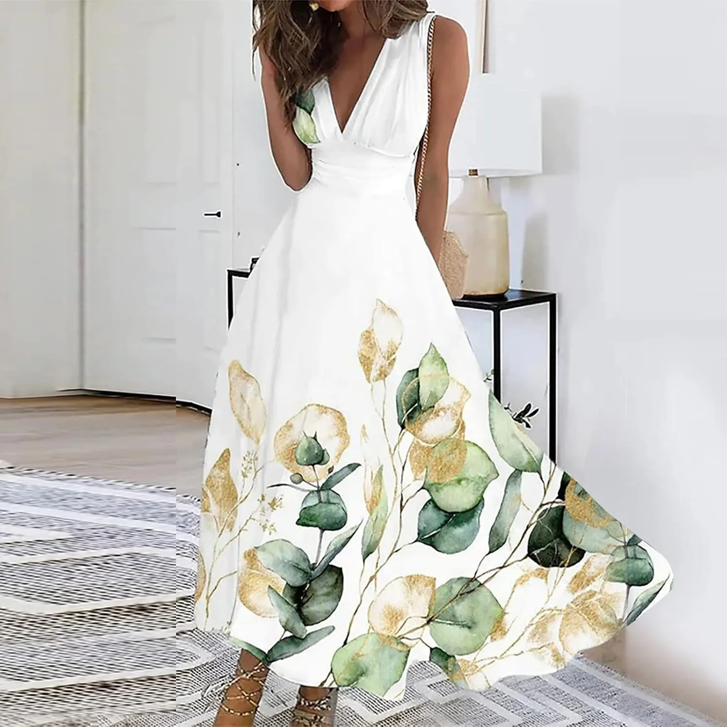 Waist Dress for Women Simple Floral Maxi Dress Flowy Casual V Neck Sleeveless Wedding Guest Holiday Long Dress