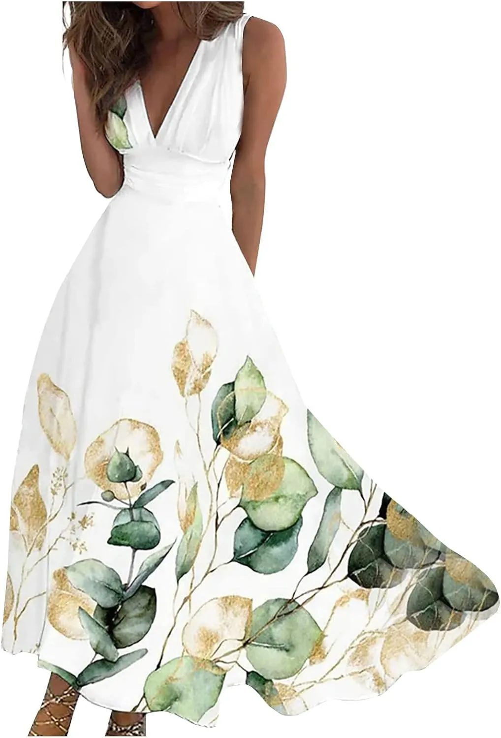 Waist Dress for Women Simple Floral Maxi Dress Flowy Casual V Neck Sleeveless Wedding Guest Holiday Long Dress
