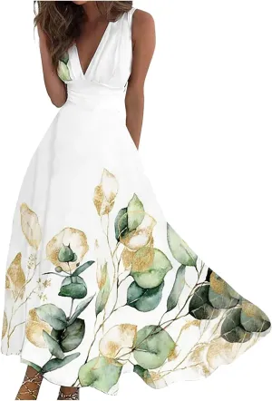 Waist Dress for Women Simple Floral Maxi Dress Flowy Casual V Neck Sleeveless Wedding Guest Holiday Long Dress