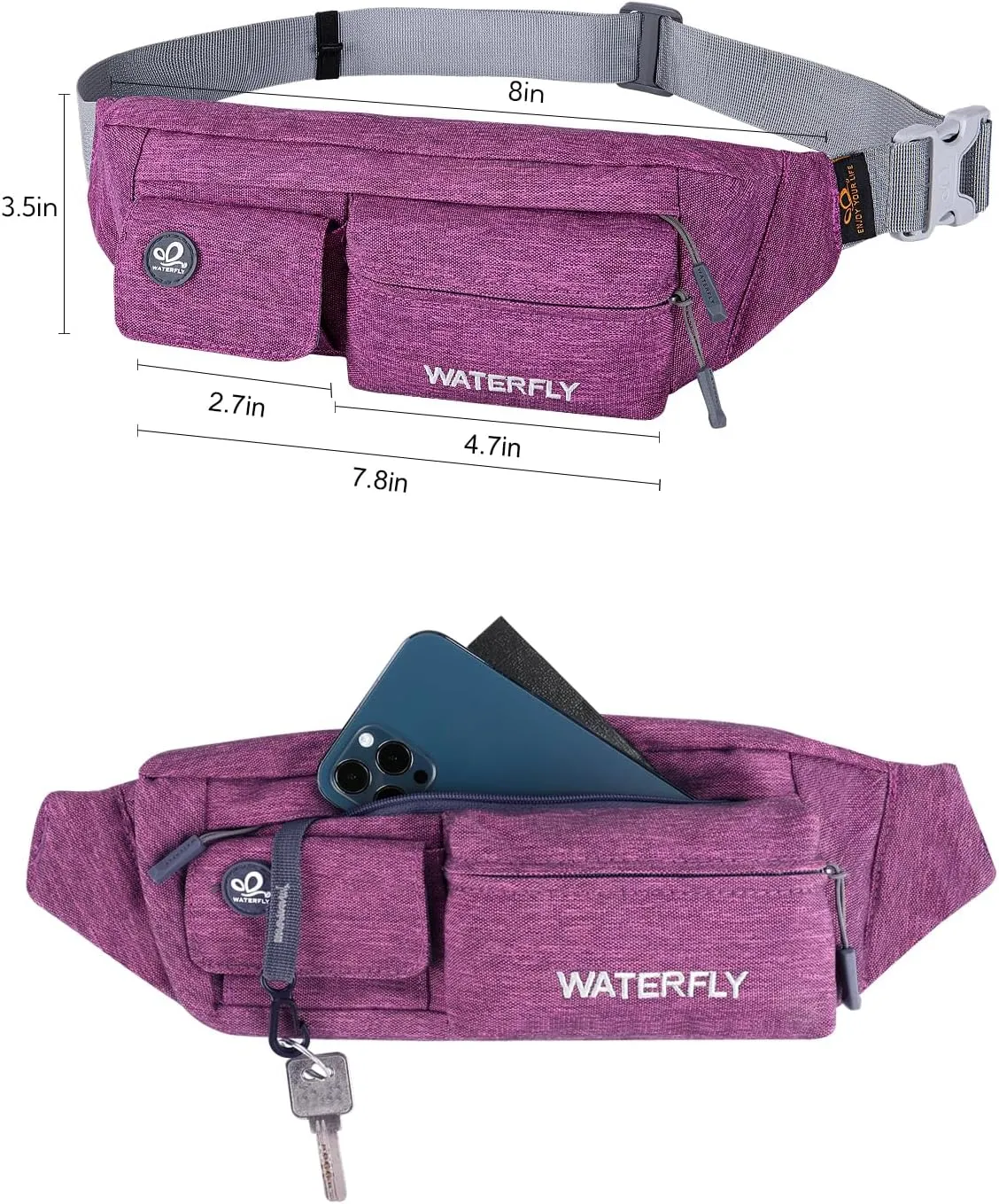 WATERFLY Fanny Pack for Women Men Water Resistant Small Waist Pouch Slim Belt Bag with 4 Pockets for Running Travelling Hiking Walking Lightweight Crossbody Chest Bag Fit All Phones
