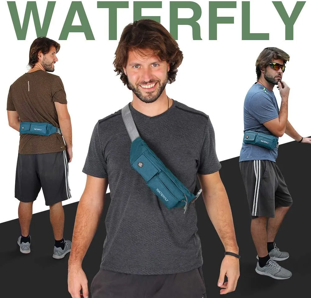WATERFLY Fanny Pack for Women Men Water Resistant Small Waist Pouch Slim Belt Bag with 4 Pockets for Running Travelling Hiking Walking Lightweight Crossbody Chest Bag Fit All Phones
