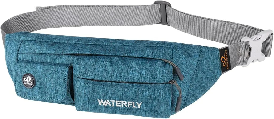 WATERFLY Fanny Pack for Women Men Water Resistant Small Waist Pouch Slim Belt Bag with 4 Pockets for Running Travelling Hiking Walking Lightweight Crossbody Chest Bag Fit All Phones