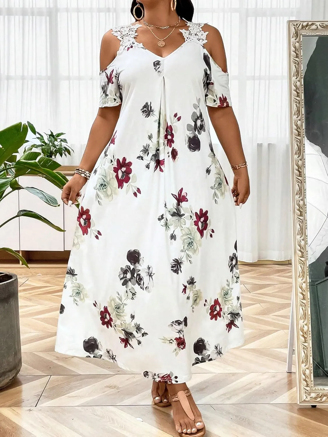 WDIRARA Women's Plus Size Floral Print Cold Shoulder Short Sleeve Midi Dress Floral Lace Spaghetti Strap Tunic Dresses