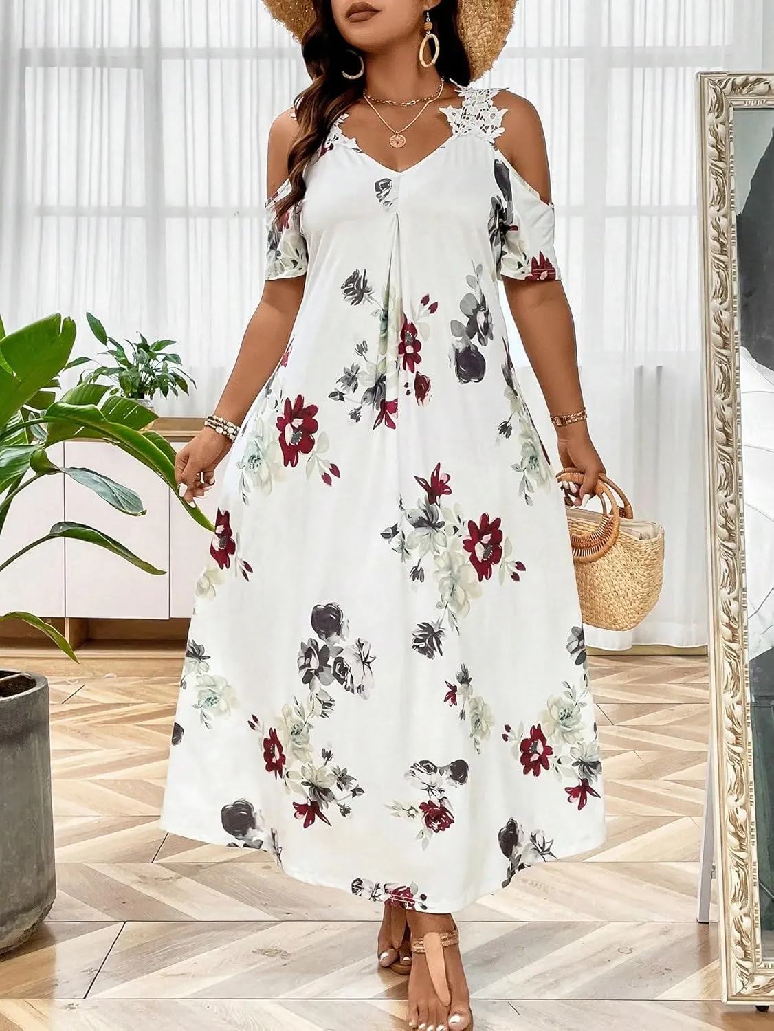 WDIRARA Women's Plus Size Floral Print Cold Shoulder Short Sleeve Midi Dress Floral Lace Spaghetti Strap Tunic Dresses