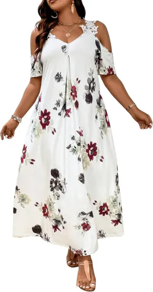 WDIRARA Women's Plus Size Floral Print Cold Shoulder Short Sleeve Midi Dress Floral Lace Spaghetti Strap Tunic Dresses