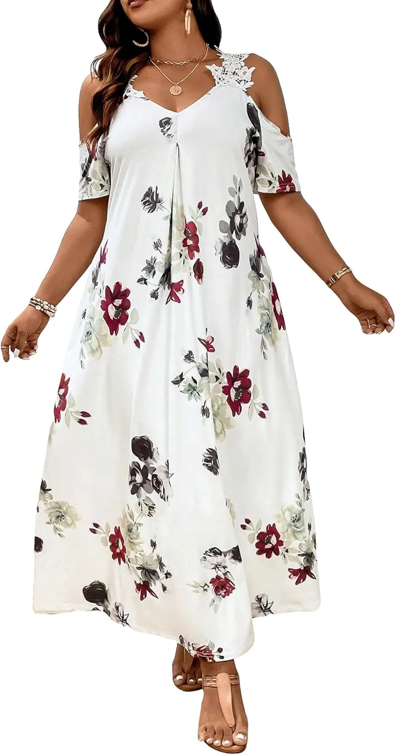 WDIRARA Women's Plus Size Floral Print Cold Shoulder Short Sleeve Midi Dress Floral Lace Spaghetti Strap Tunic Dresses