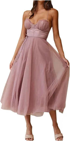 Wedding Guest Dresses for Women Sexy Spaghetti Straps Corset Prom Dress Flowy Tulle Hem Fairy Gown for Graduation