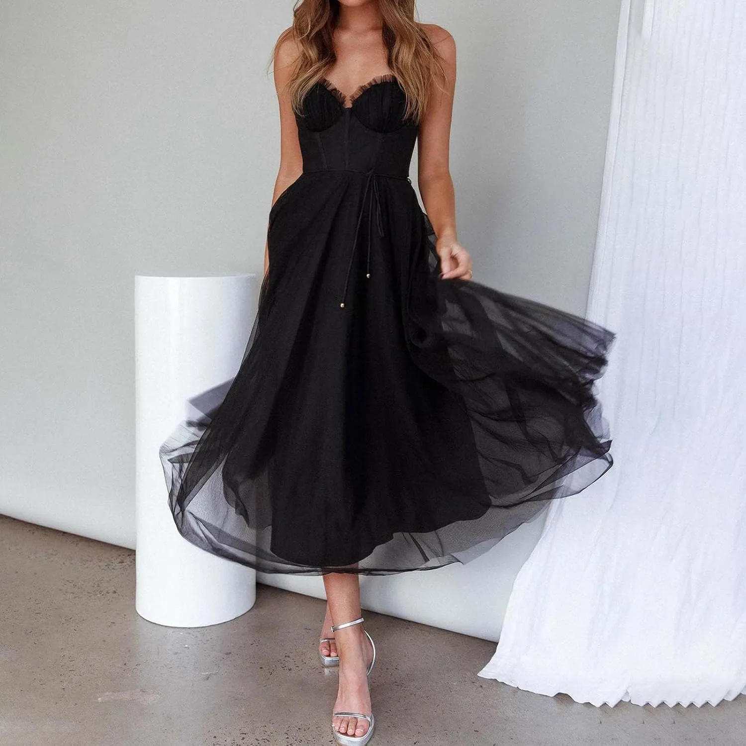 Wedding Guest Dresses for Women Sexy Spaghetti Straps Corset Prom Dress Flowy Tulle Hem Fairy Gown for Graduation