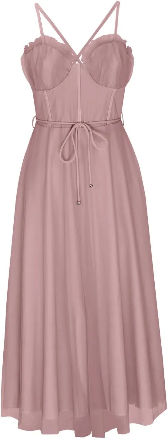Wedding Guest Dresses for Women Sexy Spaghetti Straps Corset Prom Dress Flowy Tulle Hem Fairy Gown for Graduation