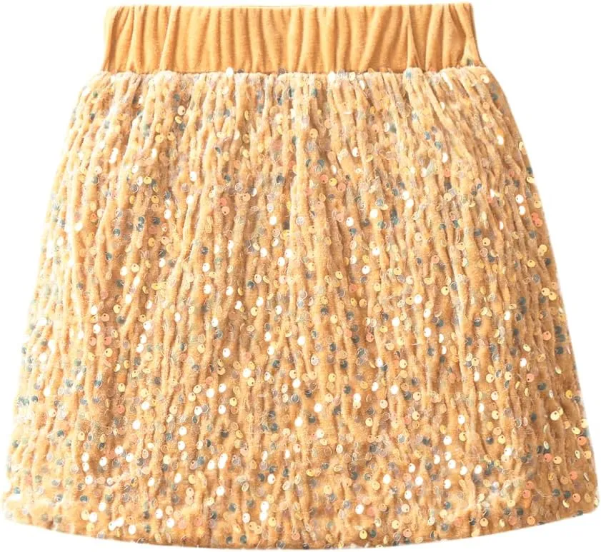 WELAKEN Sparkly Sequin Skirt for Girls Toddler & Kids Elastic Waistband Skirts with Lining