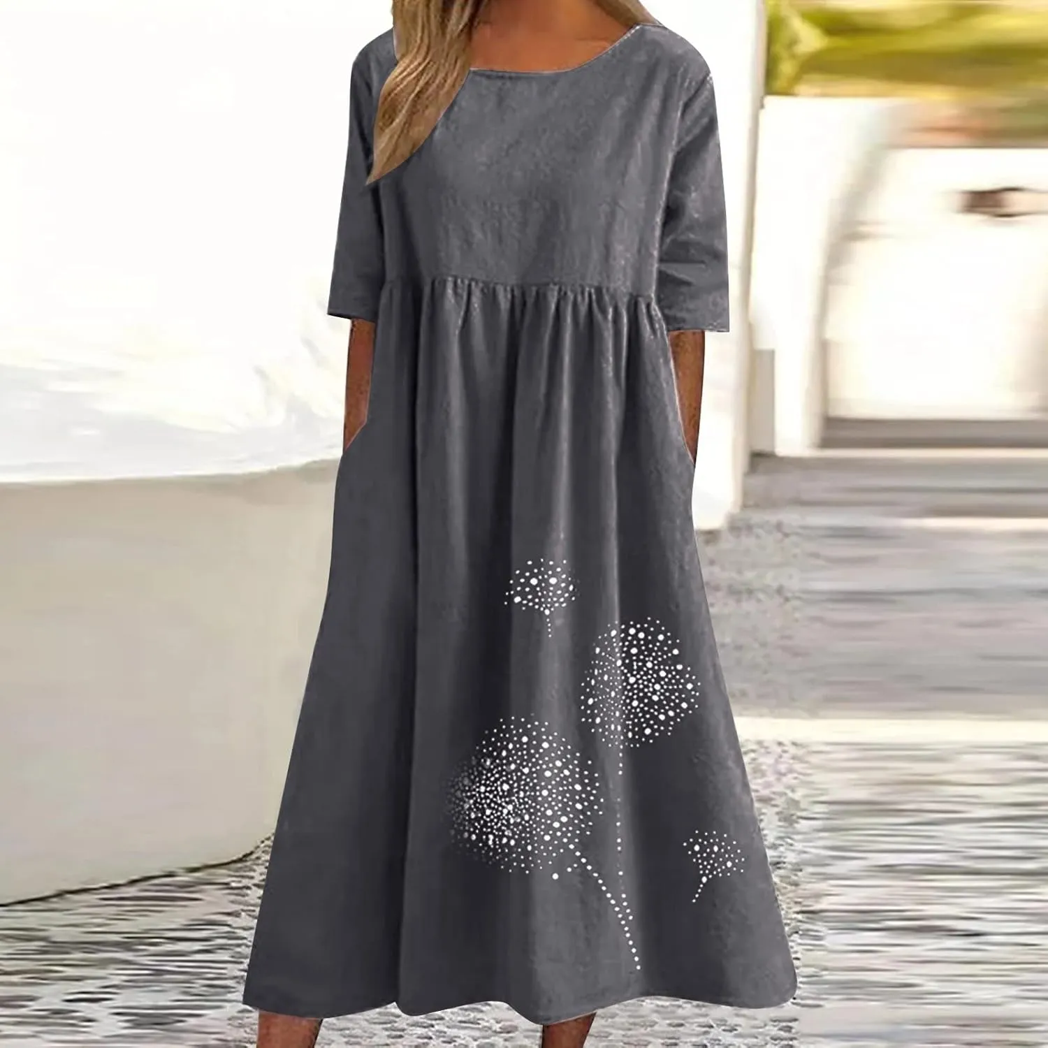 Women 2024 Casual Summer Dress Cotton Linen Maxi Long Dresses Short Sleeve Boho Dress Dressy Clothing with Pockets