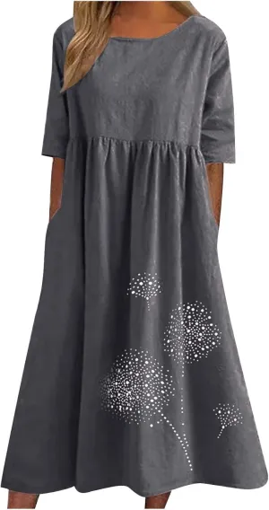 Women 2024 Casual Summer Dress Cotton Linen Maxi Long Dresses Short Sleeve Boho Dress Dressy Clothing with Pockets