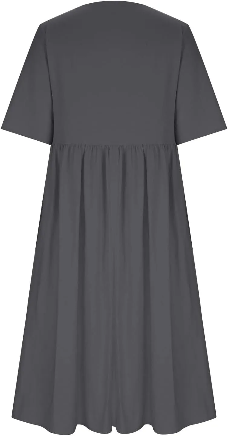 Women 2024 Casual Summer Dress Cotton Linen Maxi Long Dresses Short Sleeve Boho Dress Dressy Clothing with Pockets