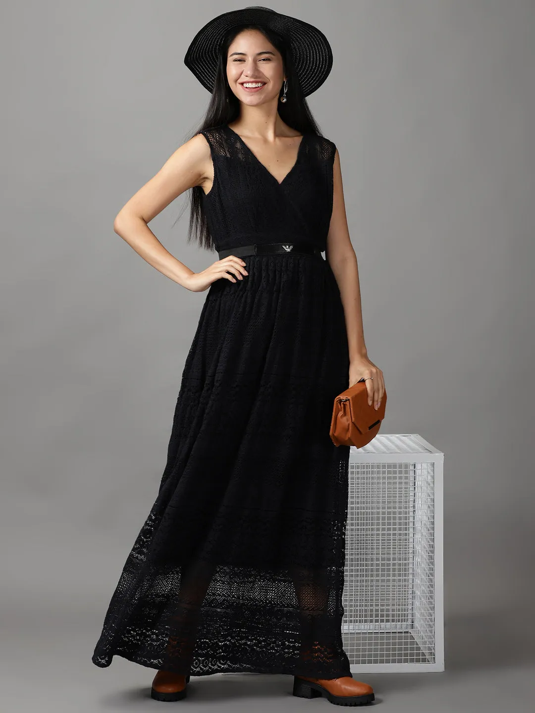 Women Black Cotton Fit and Flare Maxi Dress
