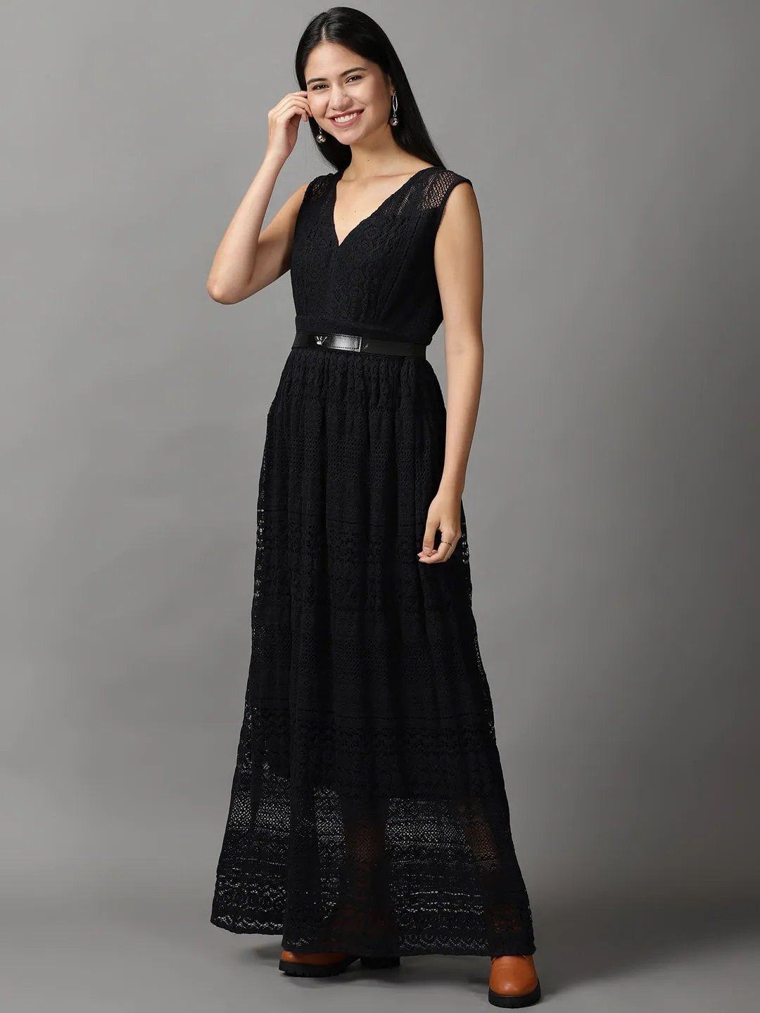 Women Black Cotton Fit and Flare Maxi Dress