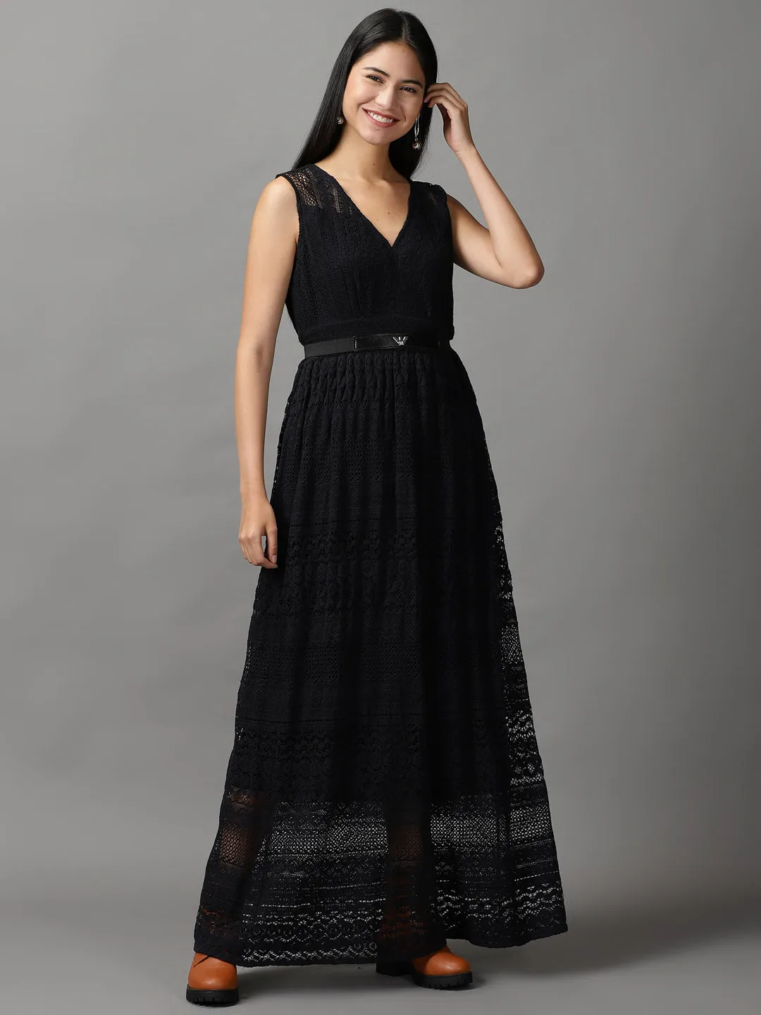 Women Black Cotton Fit and Flare Maxi Dress