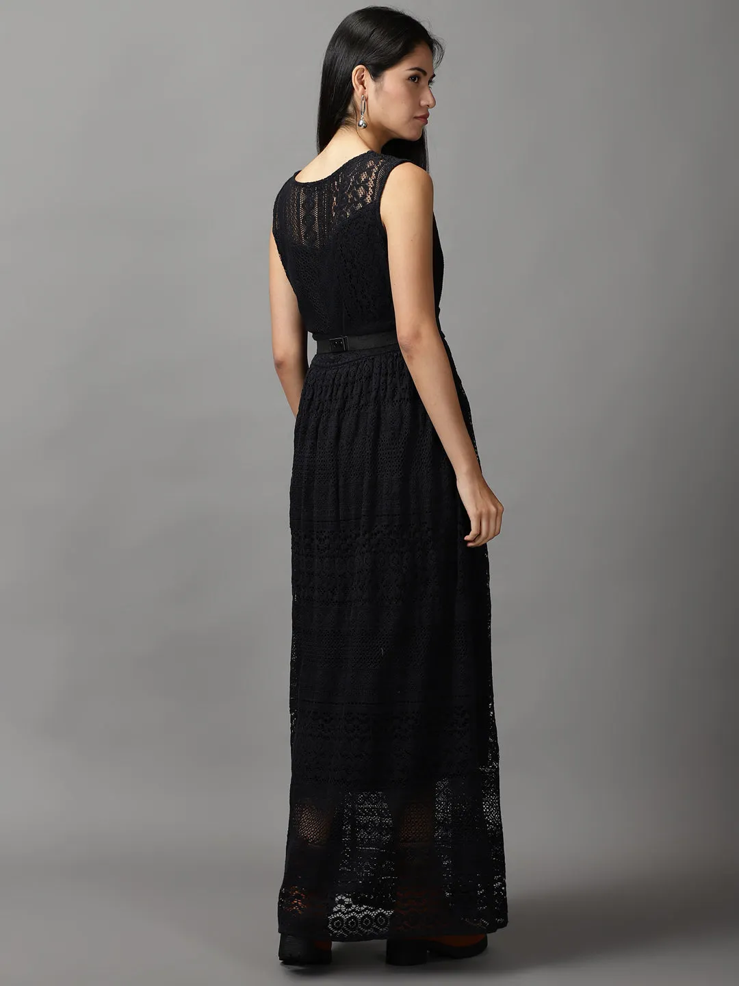 Women Black Cotton Fit and Flare Maxi Dress