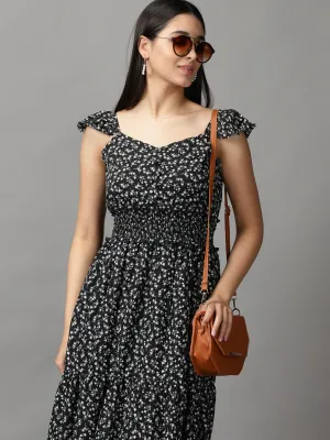Women Black Floral Chiffon Fit and Flare Dress