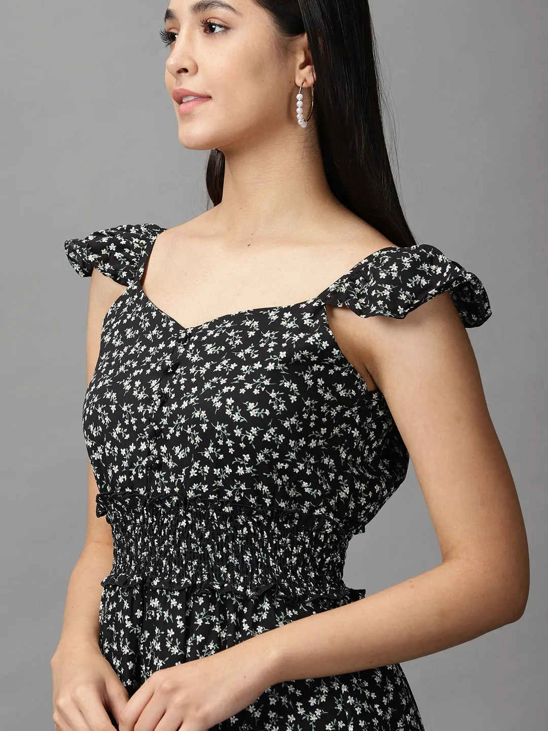 Women Black Floral Chiffon Fit and Flare Dress