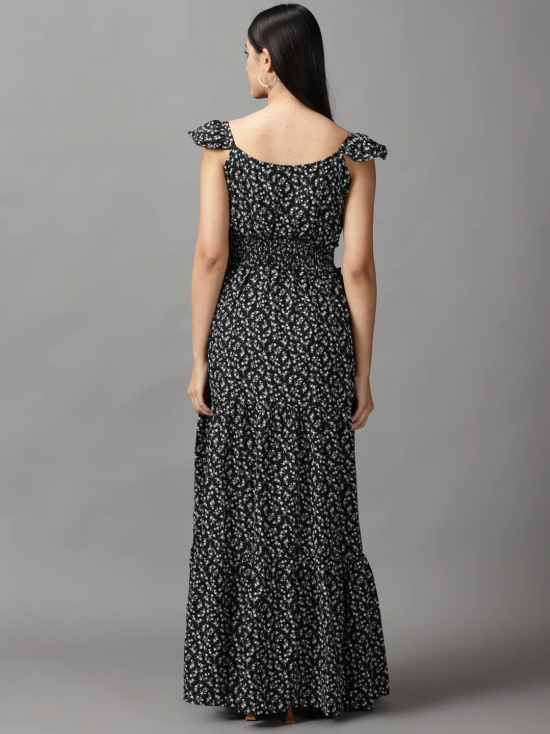 Women Black Floral Chiffon Fit and Flare Dress