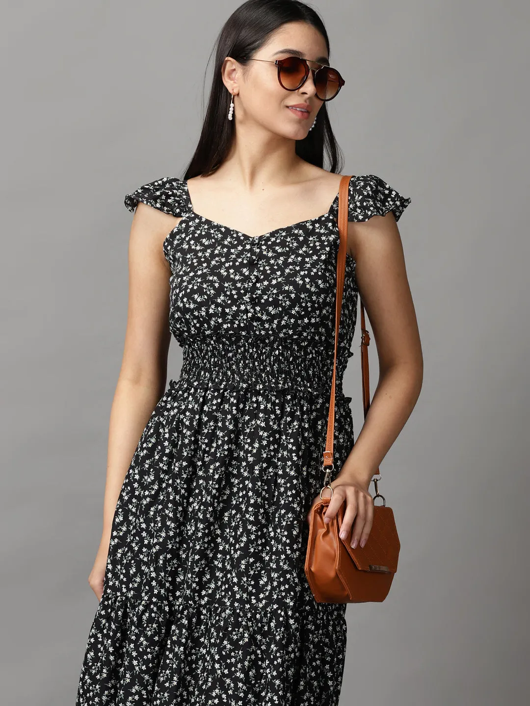 Women Black Floral Chiffon Fit and Flare Dress