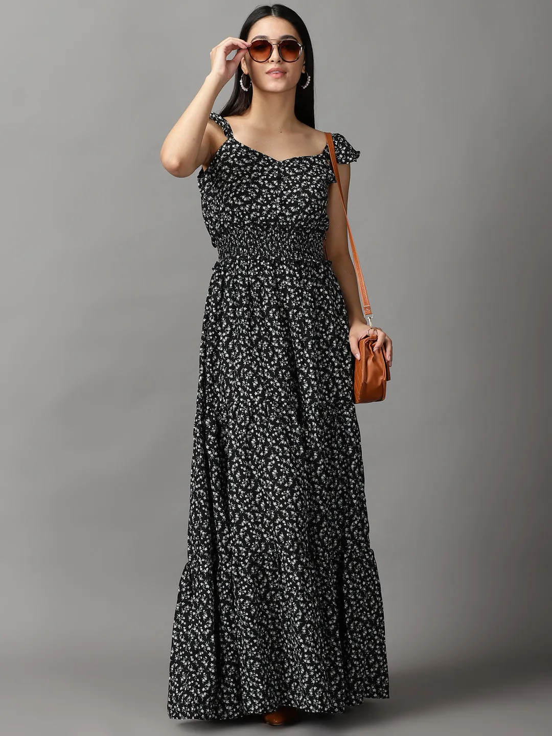 Women Black Floral Chiffon Fit and Flare Dress