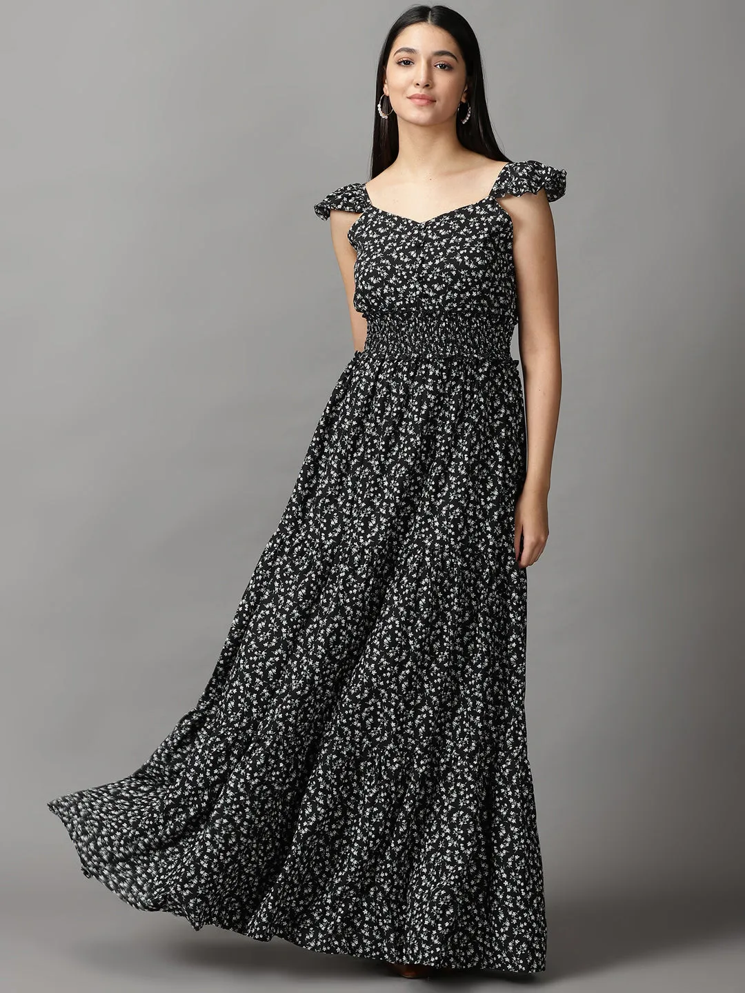 Women Black Floral Chiffon Fit and Flare Dress