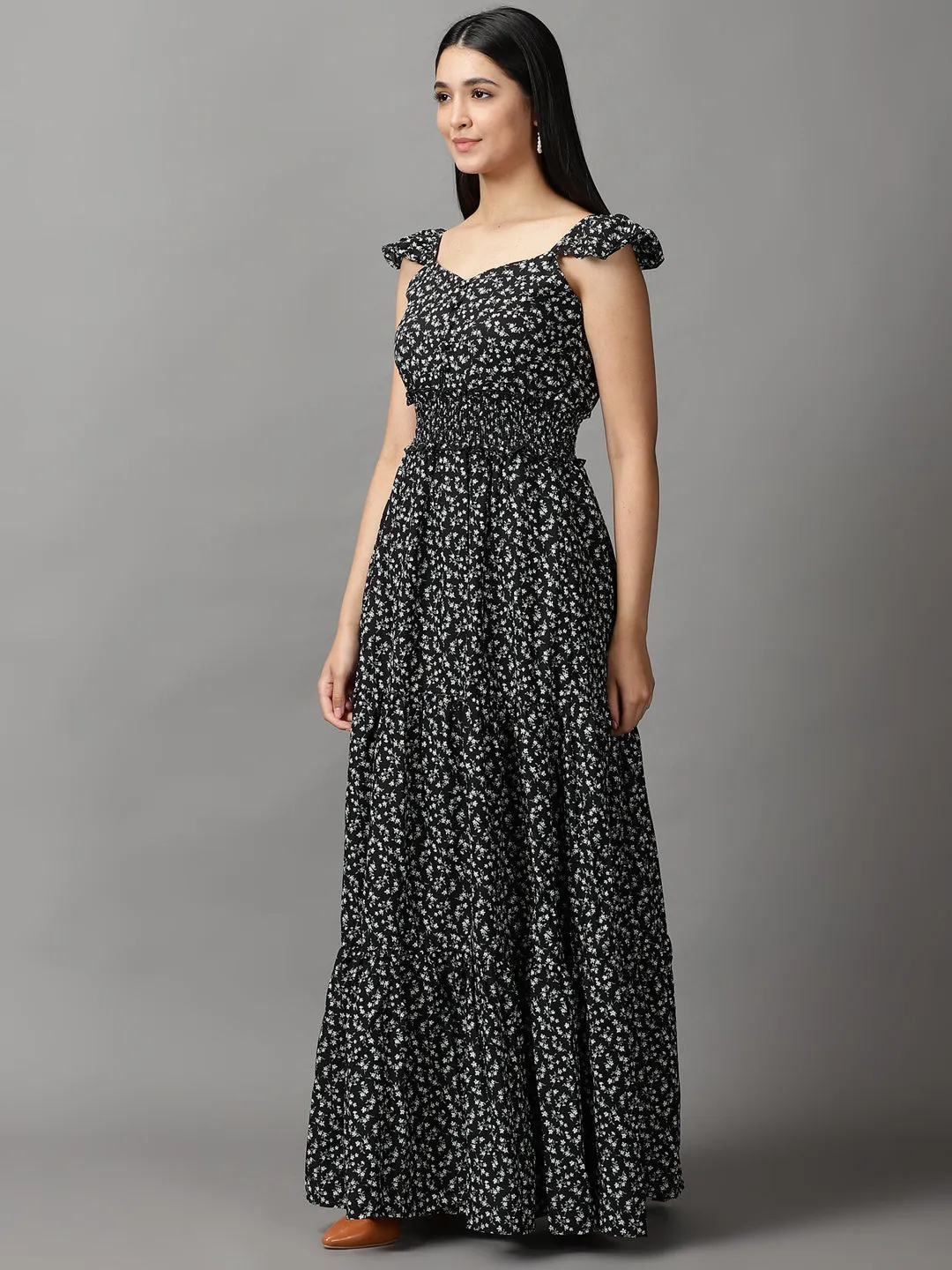 Women Black Floral Chiffon Fit and Flare Dress