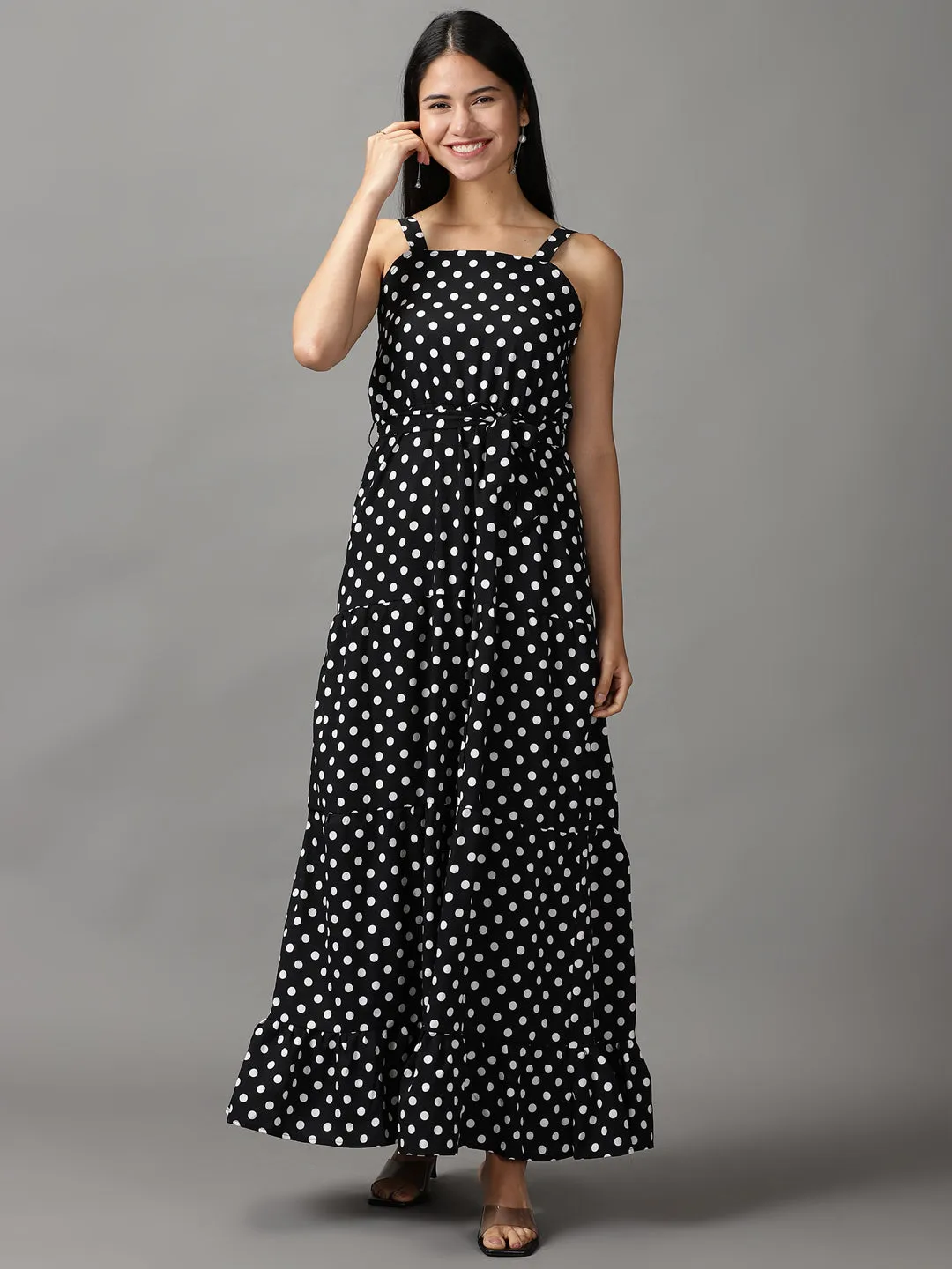 Women Black Polka Dots Printed Fit and Flare Maxi Dress