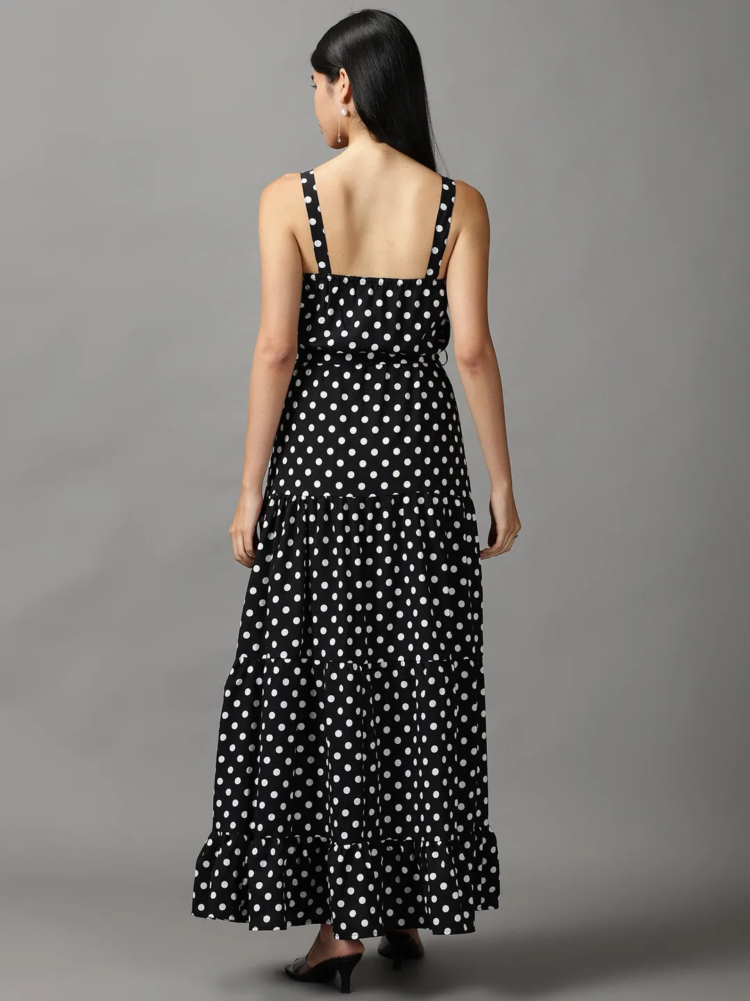 Women Black Polka Dots Printed Fit and Flare Maxi Dress