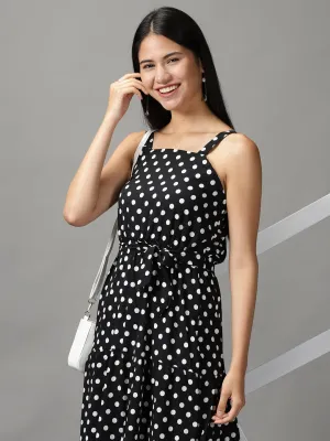 Women Black Polka Dots Printed Fit and Flare Maxi Dress