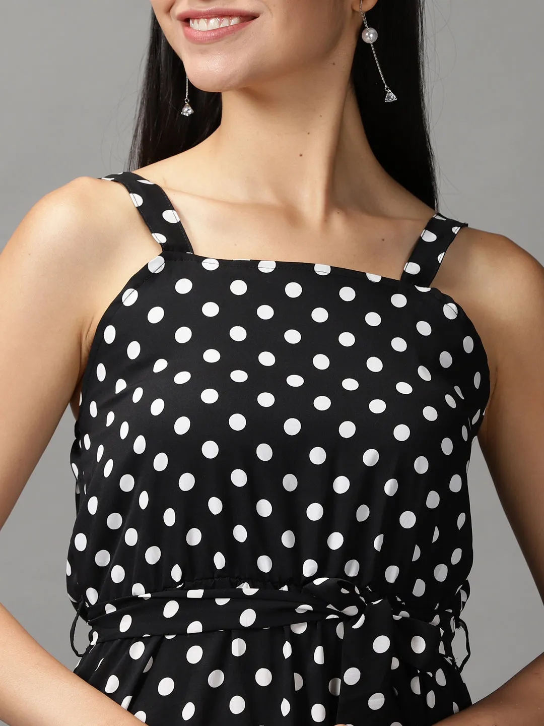Women Black Polka Dots Printed Fit and Flare Maxi Dress