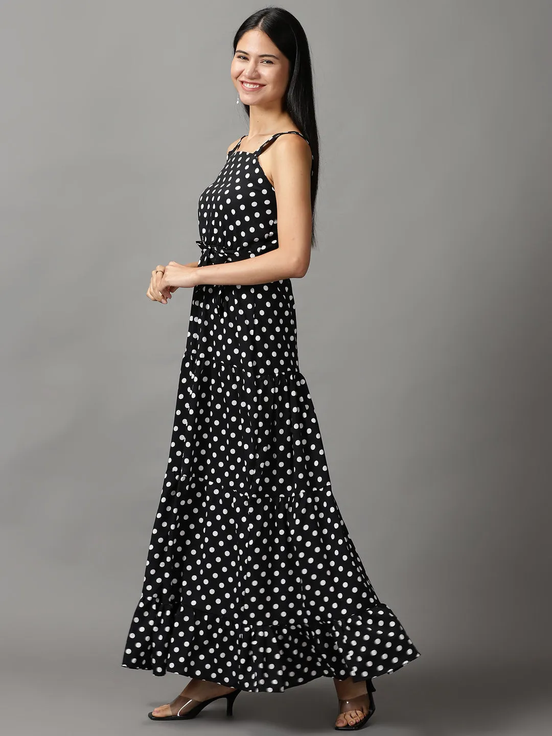 Women Black Polka Dots Printed Fit and Flare Maxi Dress