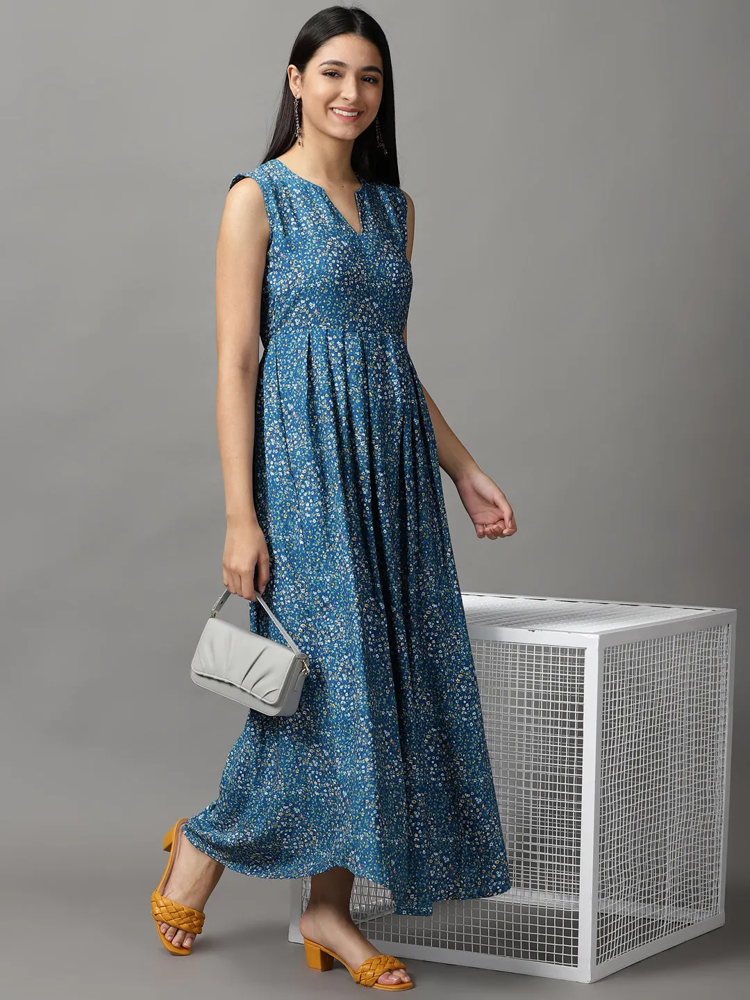 Women Blue Floral Fit and Flare Maxi Dress