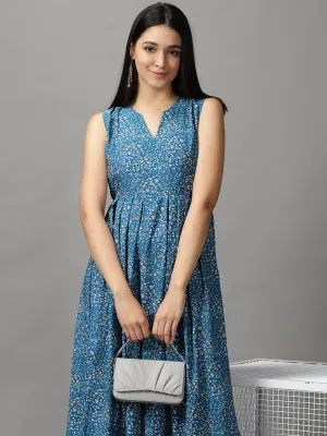 Women Blue Floral Fit and Flare Maxi Dress